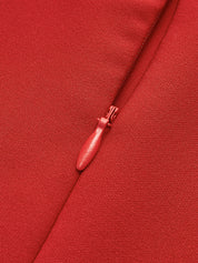 Red high-neck dress zipper detail