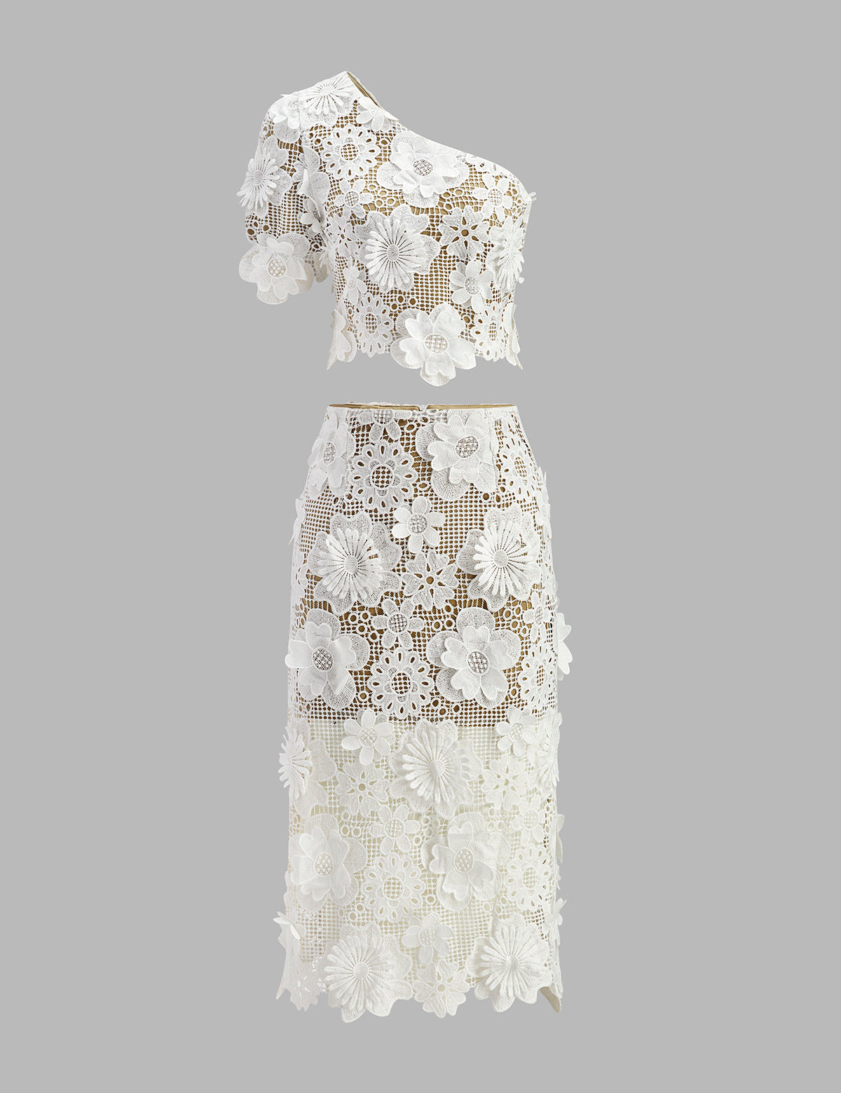 White lace crop top and skirt set front view