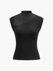 Black ribbed sleeveless top with sheer panel front view on mannequin