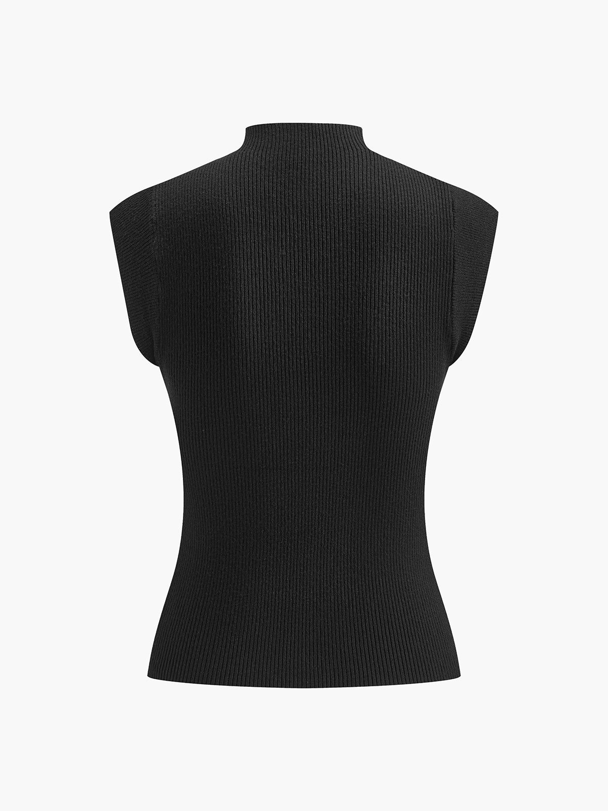 Black ribbed sleeveless top with sheer panel back view on mannequin