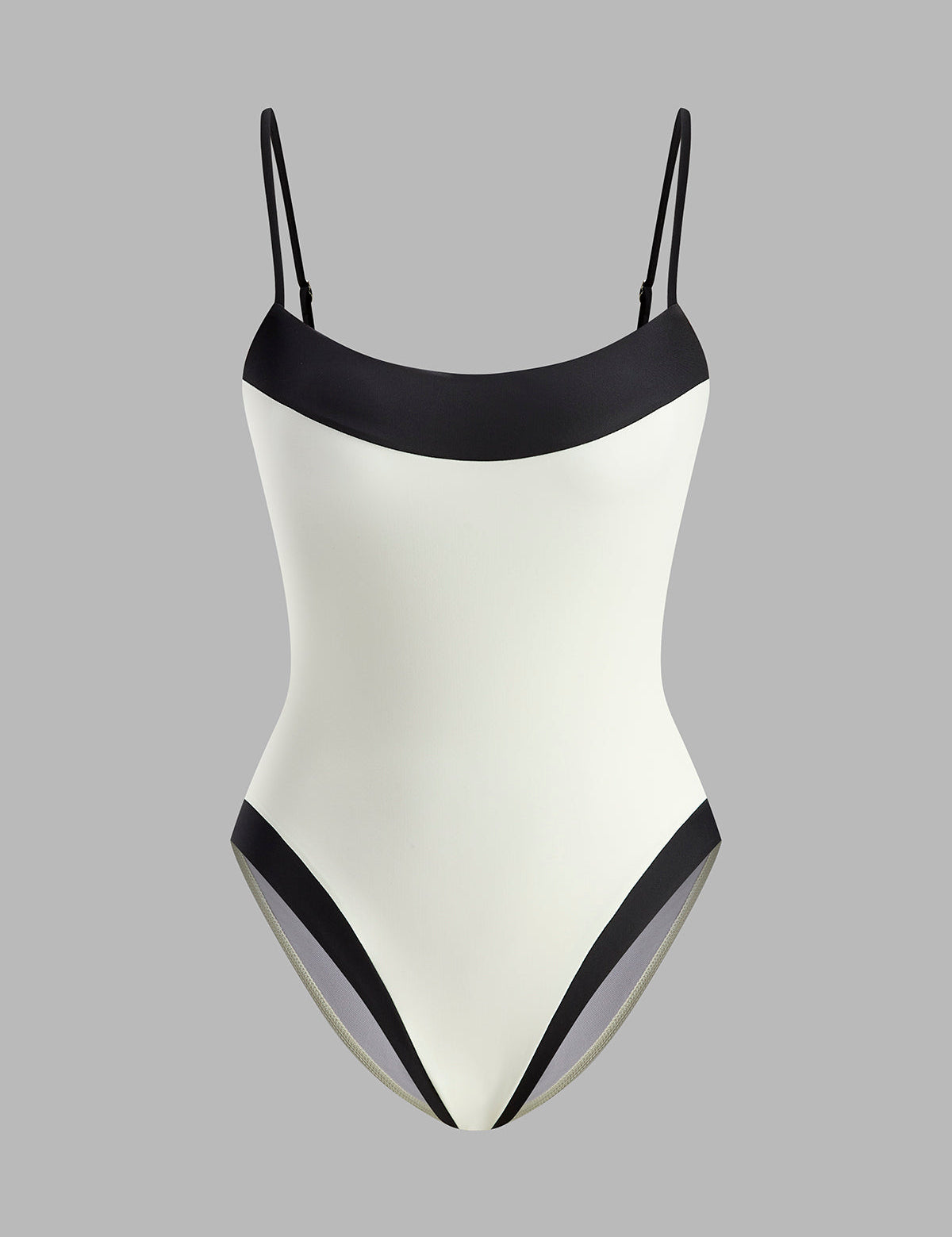 White swimsuit with black contrast straps, front view