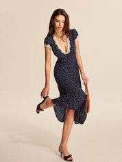 Midi dress navy blue with white polka dots and lace front view
