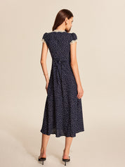 Midi dress navy blue with white polka dots and lace back view