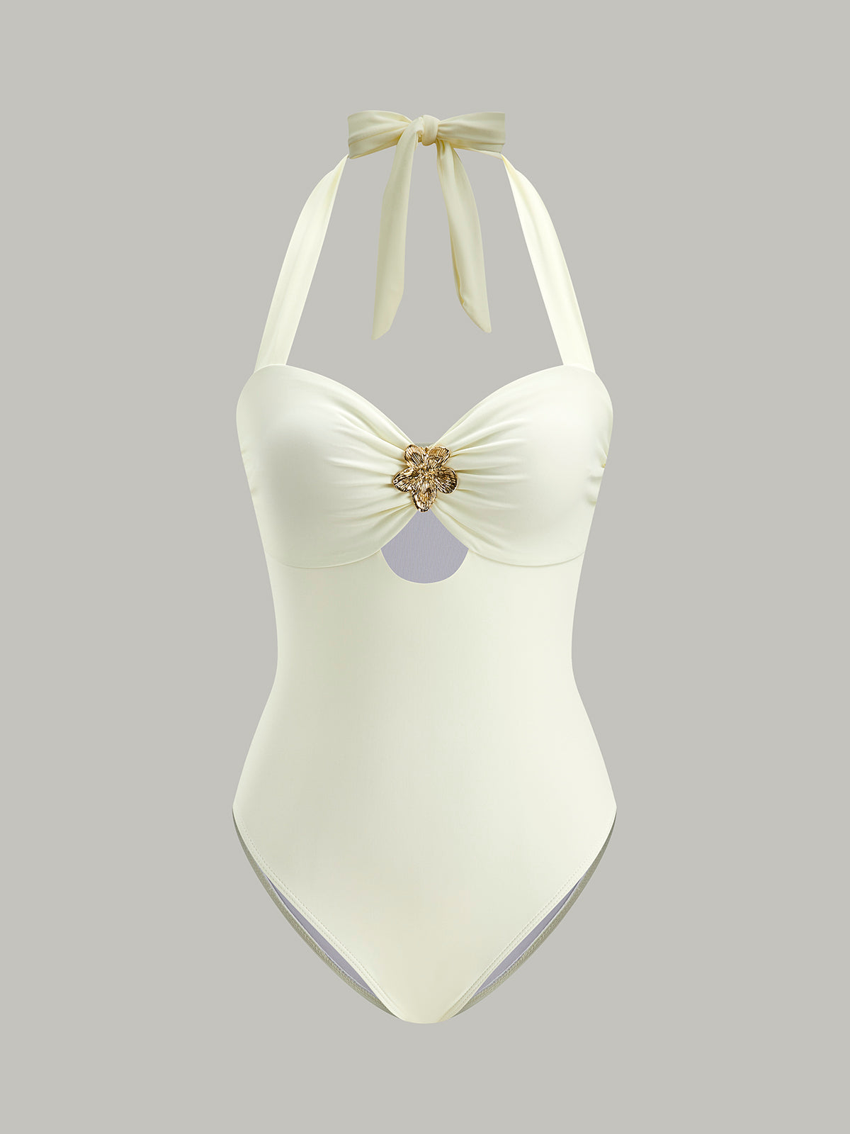 White one-piece swimsuit with gold detail studio front view