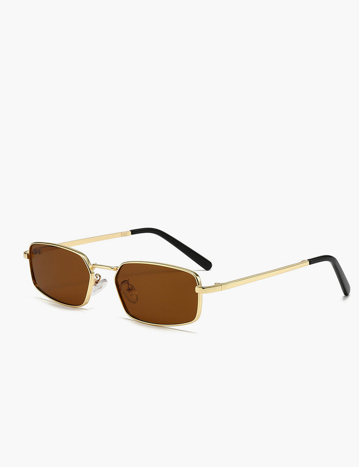 Gold rectangular metal sunglasses with black temples, angled view