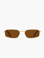 Gold rectangular metal sunglasses with brown lenses, front view
