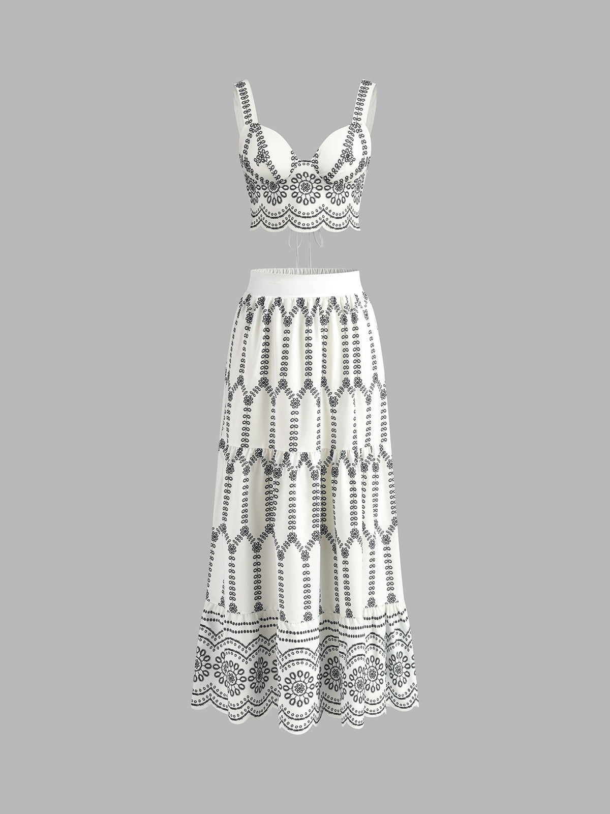 Two-piece set white with black floral embroidery front view