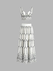 Two-piece set white with black floral embroidery front view