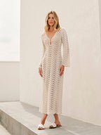 Cream lace dress with bell sleeves and white sandals full body view