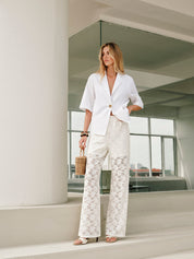White lace pantsuit with blazer front view