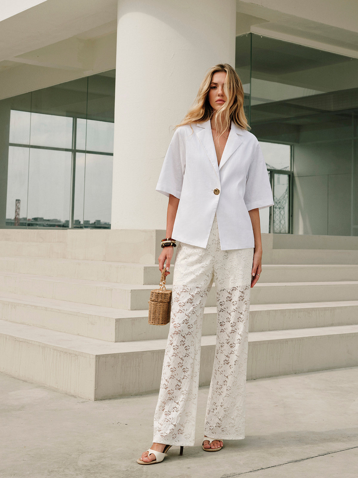 White lace pantsuit with blazer side view
