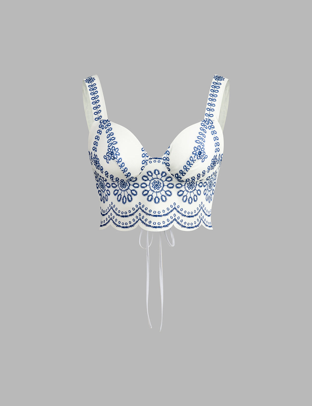 Top white with blue floral embroidery front view