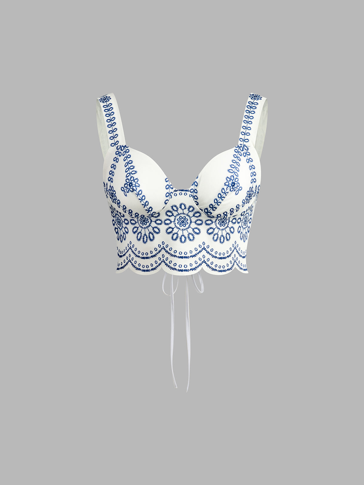 Top white with blue floral embroidery front view