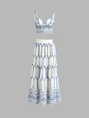 Two-piece set white with blue embroidery front view