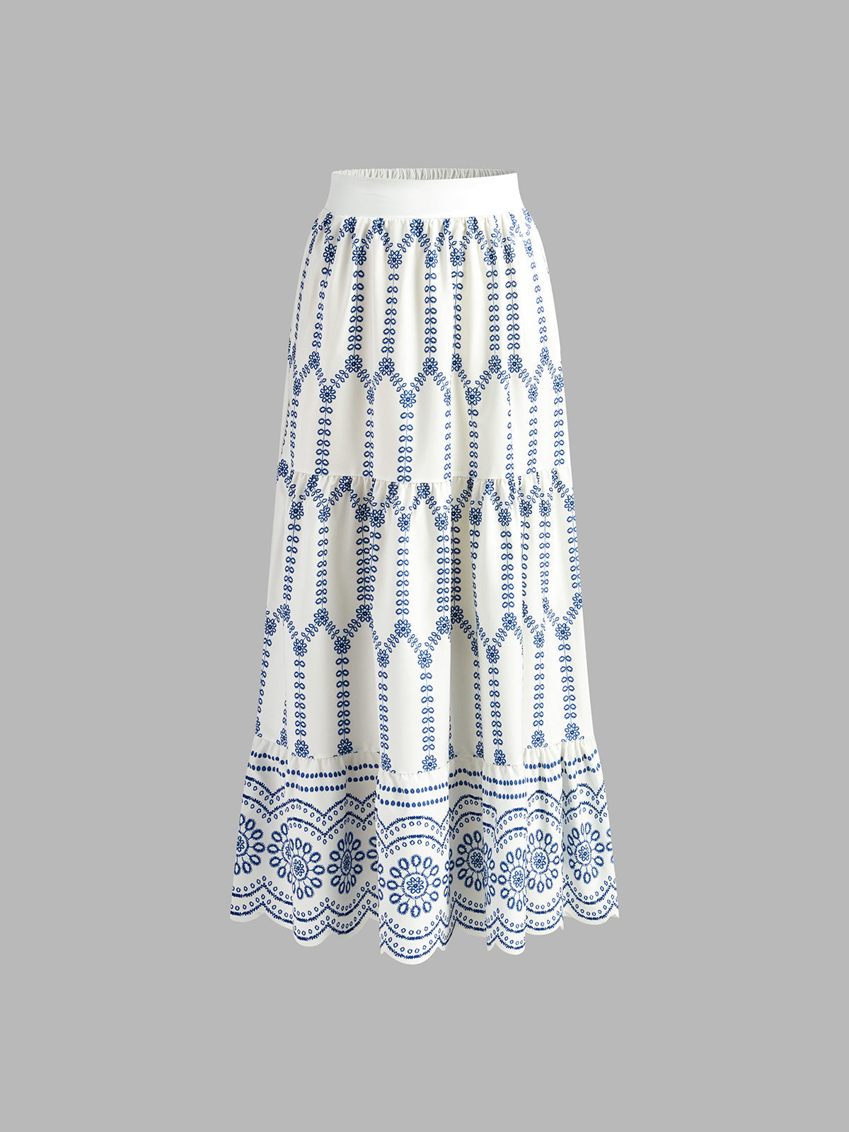 Skirt white with blue floral embroidery front view