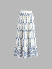Skirt white with blue floral embroidery front view