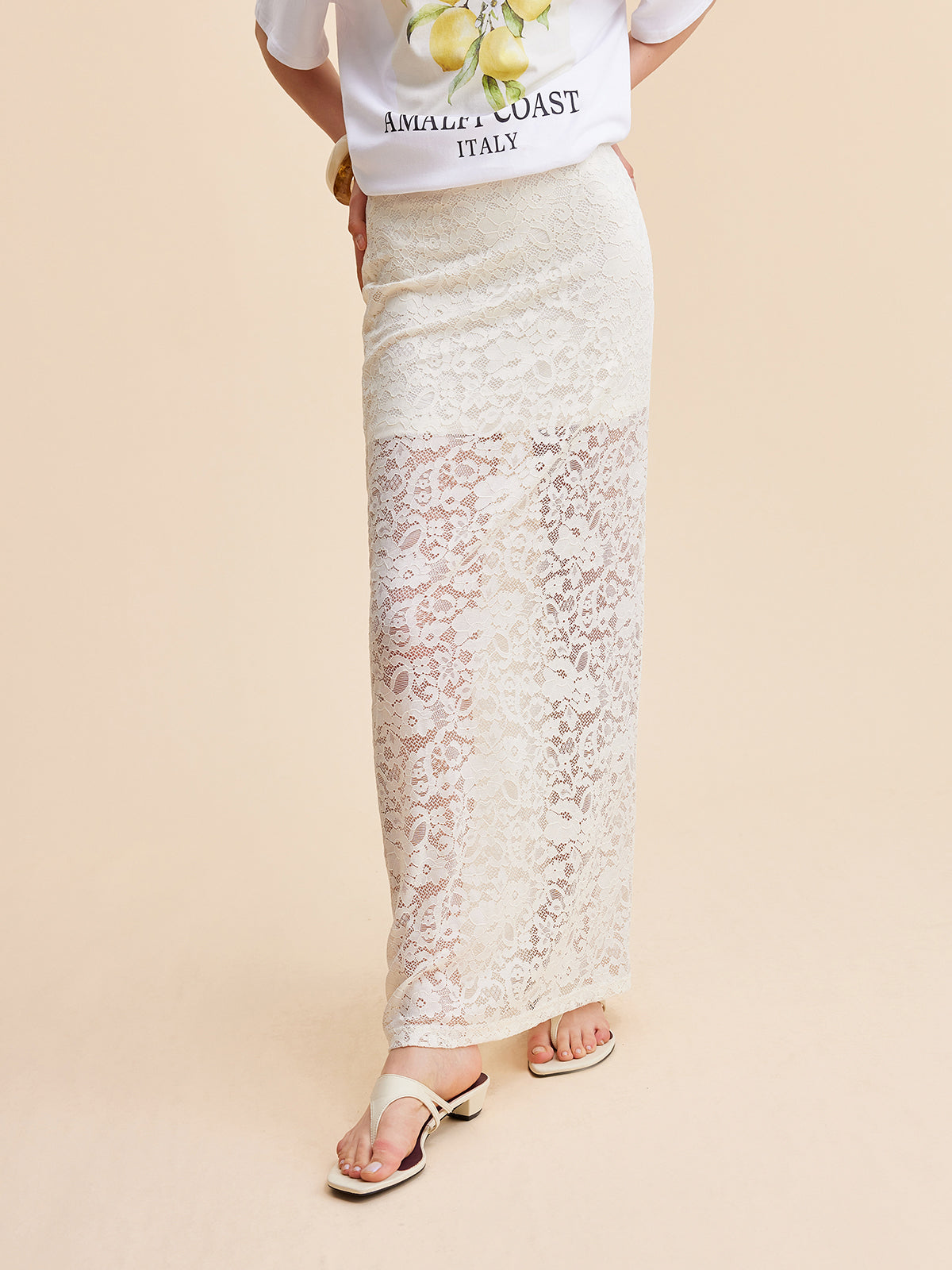 Maxi rok wit met kantdetail front view