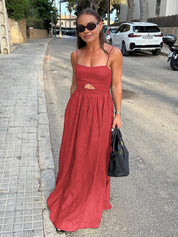 Red maxi dress with cutout detail street style