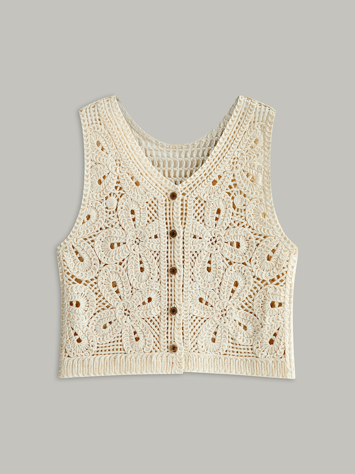 Crocheted vest with floral pattern, front view