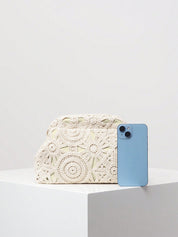 Crochet clutch bag white size comparison with phone