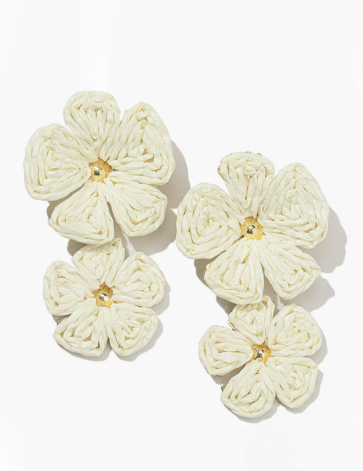 White woven raffia double flower drop earrings front view