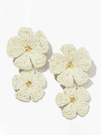 White woven raffia double flower drop earrings front view