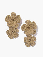 Beige woven raffia double flower drop earrings front view