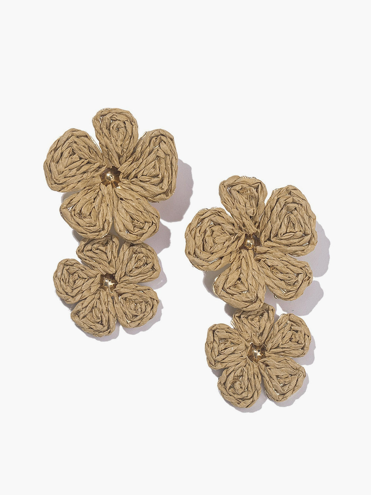 Beige woven raffia double flower drop earrings front view