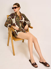 Luxe summer set with vintage print, seated front view
