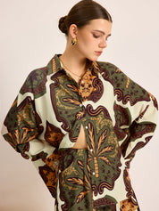 Luxe summer set with vintage print, close-up front detail