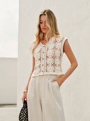 Cream crochet vest with floral pattern front view