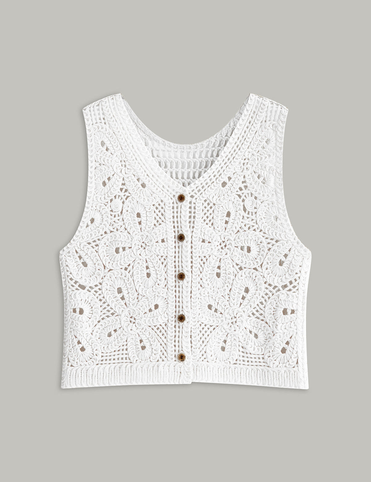 Crocheted vest with floral pattern, front view with buttons