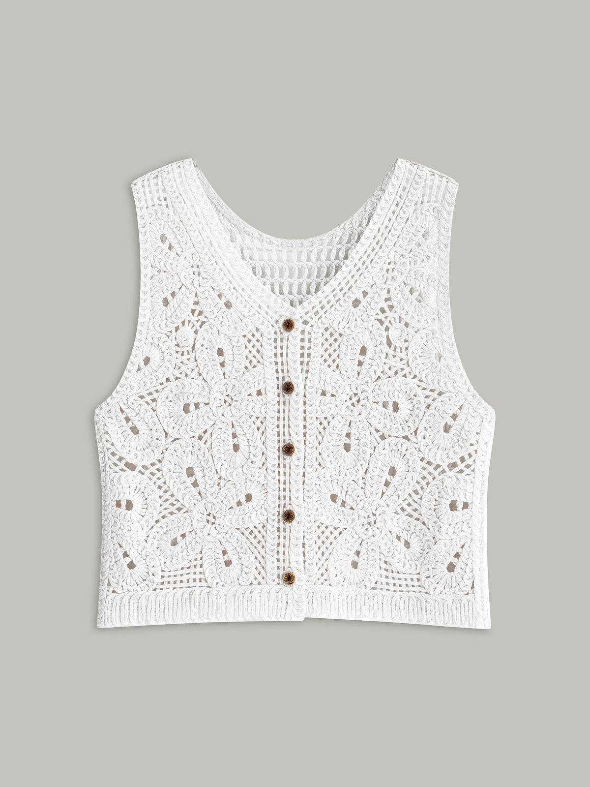 Crocheted vest with floral pattern, front view with buttons