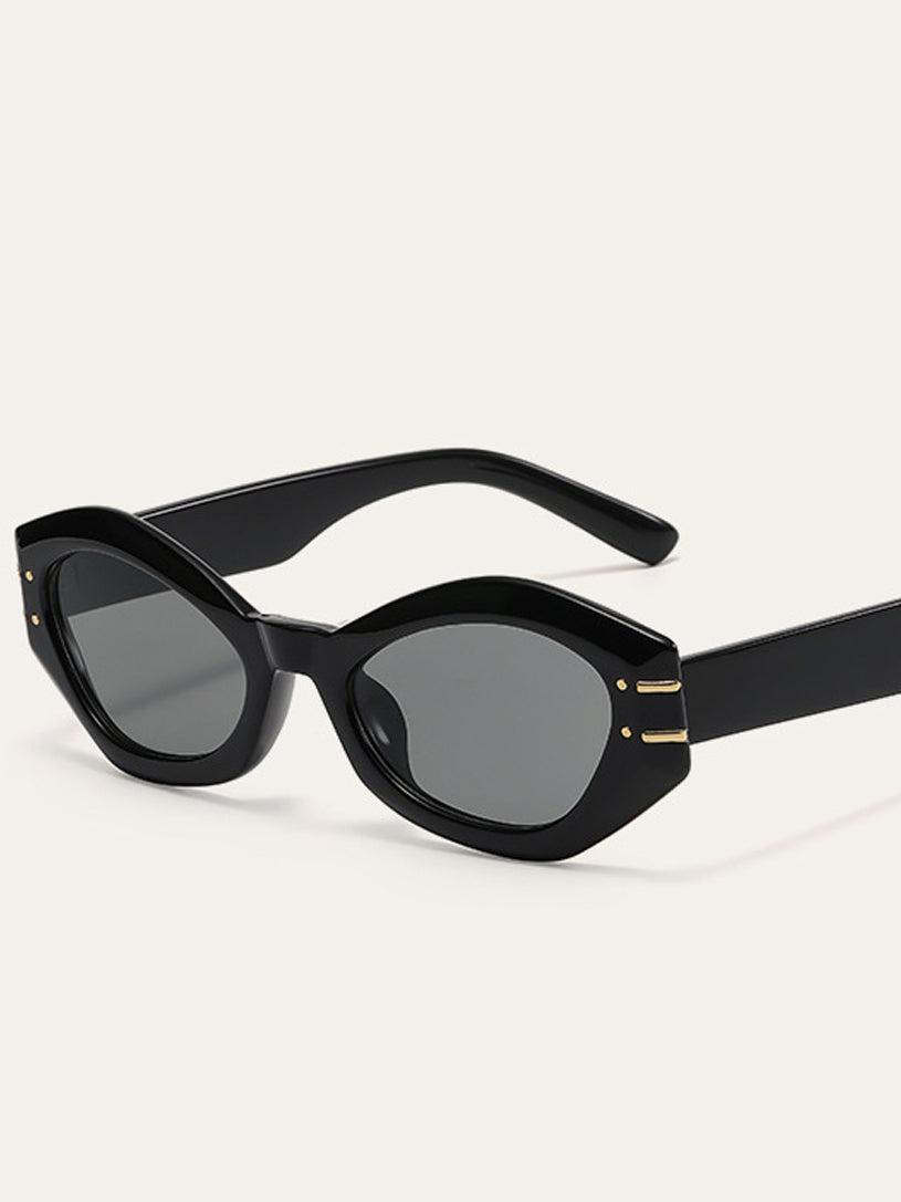 Sunglasses black geometric frame with gold accents angled view