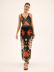 Maxi dress with cutouts and tropical print three-quarter view
