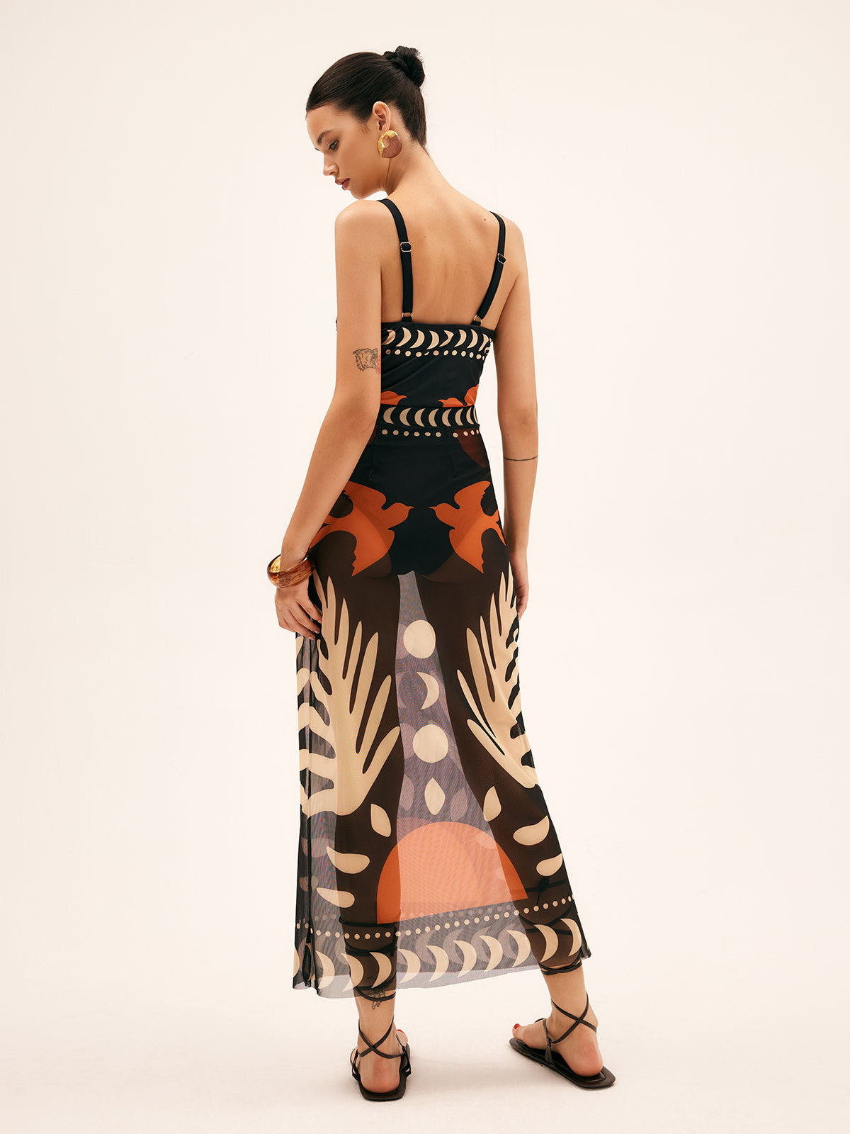 Maxi dress with cutouts and tropical print back view