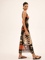 Maxi dress with cutouts and tropical print side profile