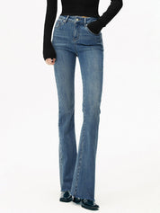 Blauwe jeans high-waist bootcut slim fit met stretch vooraanzicht