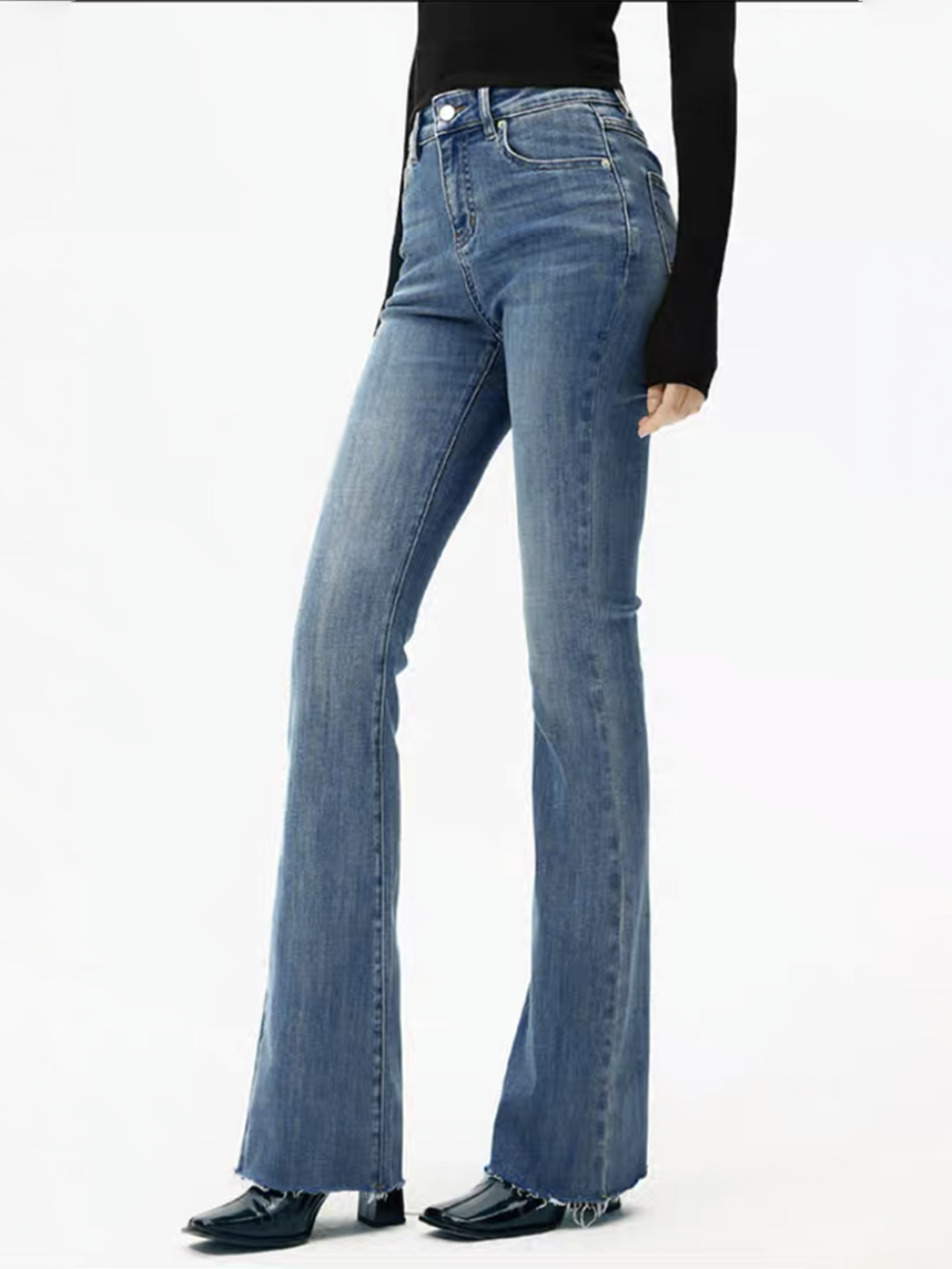 Blauwe high-waist bootcut jeans slim fit met stretch detail shot
