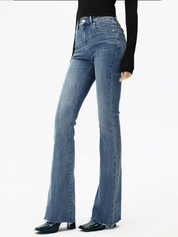 Blauwe high-waist bootcut jeans slim fit met stretch detail shot