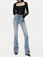 Blauwe jeans high-waist bootcut slim fit met stretch front view