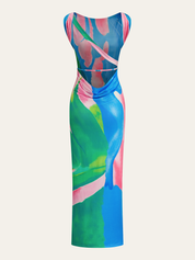 Maxi dress with abstract floral print in pastel colors, full-length front view