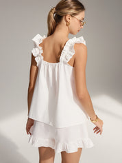 White loungewear set with ruffle details back view