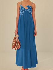 Blue maxi dress with white fish embroidery front view