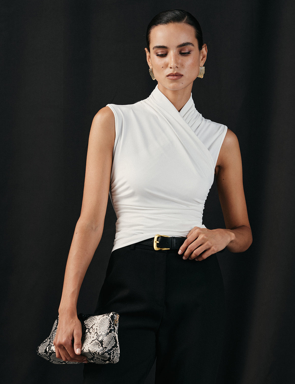 White sleeveless top with ruched detail side view