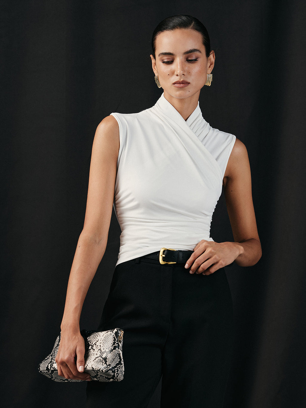 White sleeveless top with ruched detail side view