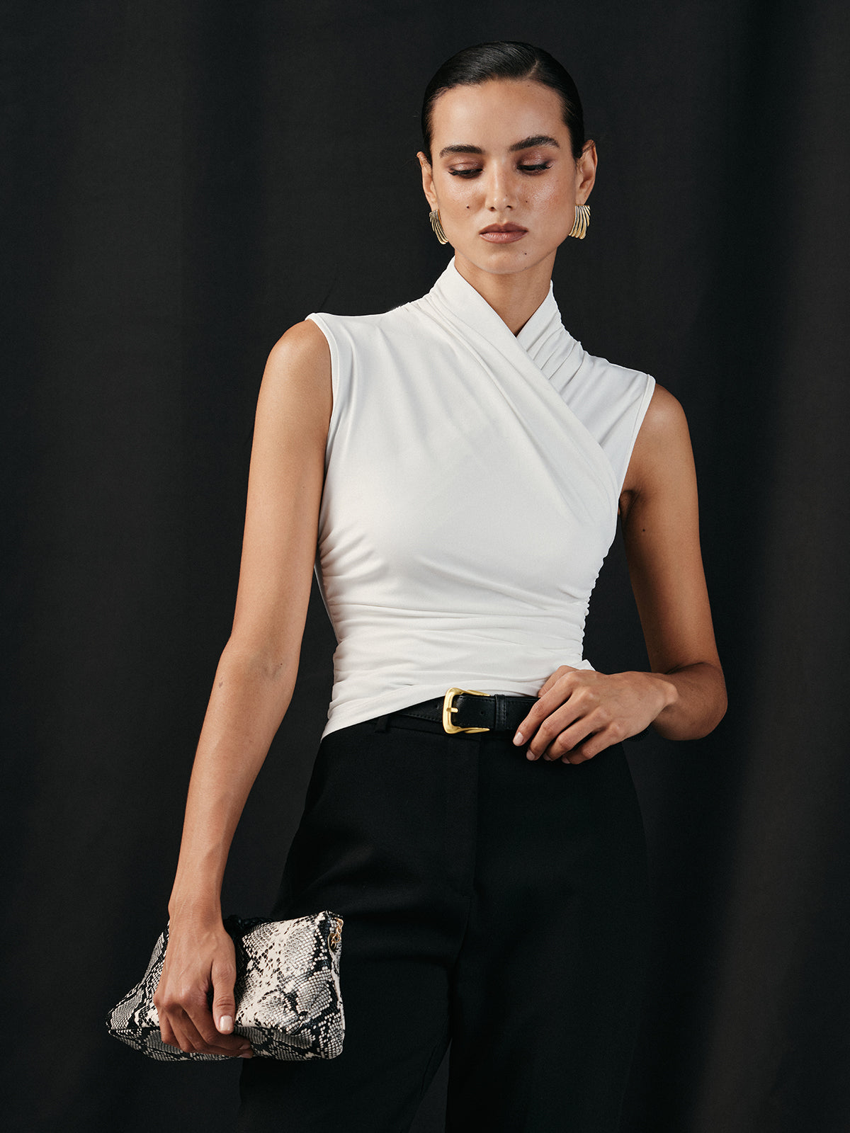 White sleeveless top with ruched detail side view