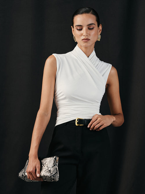 White sleeveless top with ruched detail side view