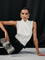 White sleeveless top with ruched detail front view