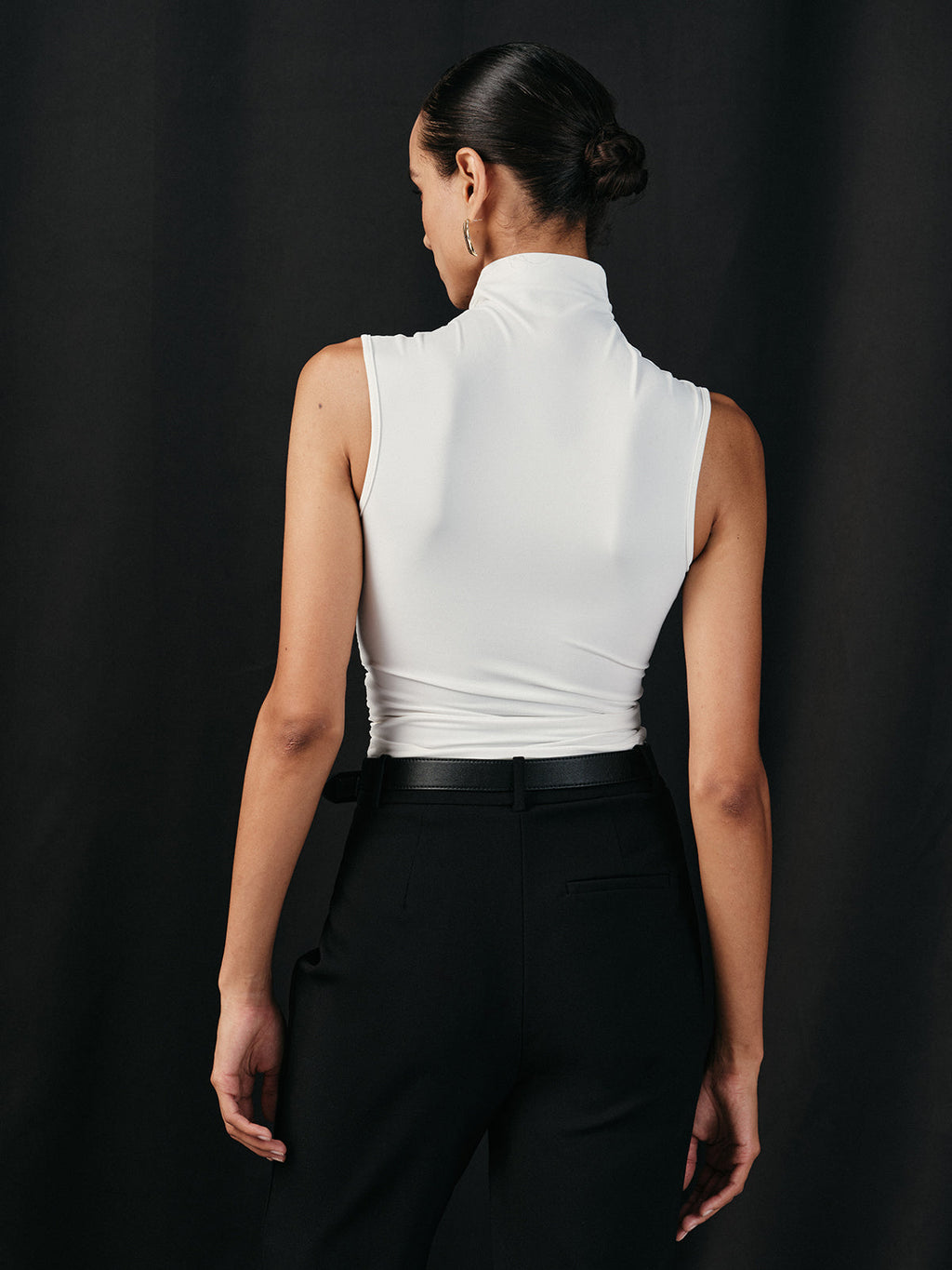 White sleeveless top with ruched detail back view